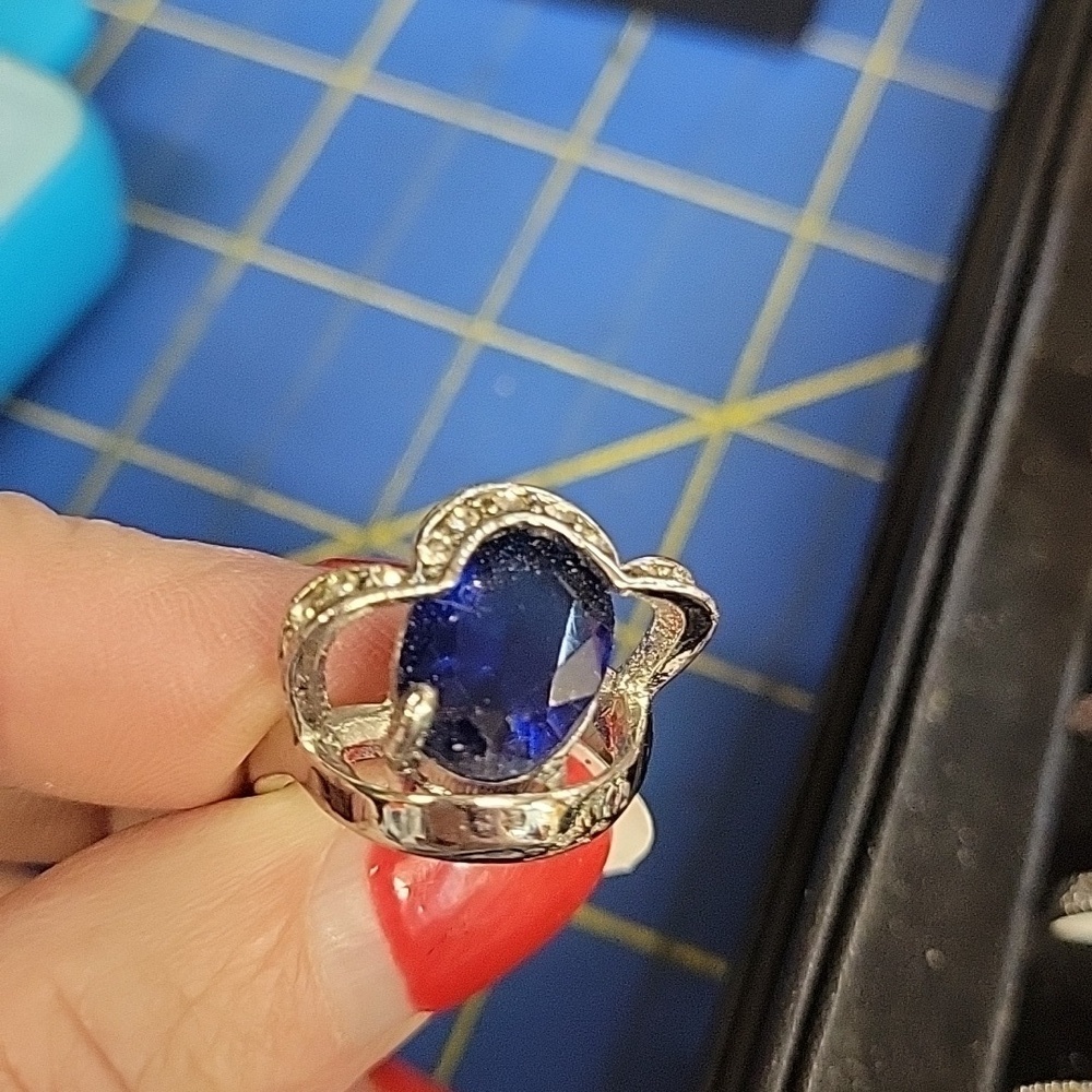 Sapphire Faux Rhinestone Silver Tone Ring Size 8 - Picture 2 of 2